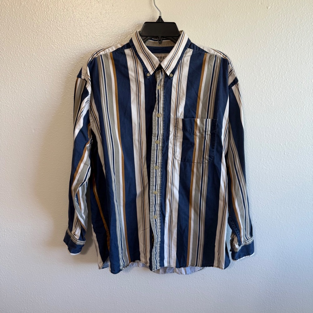 Vintage Supreme Men's Large Blue White Striped Long Sleeve Button Up Shirt
